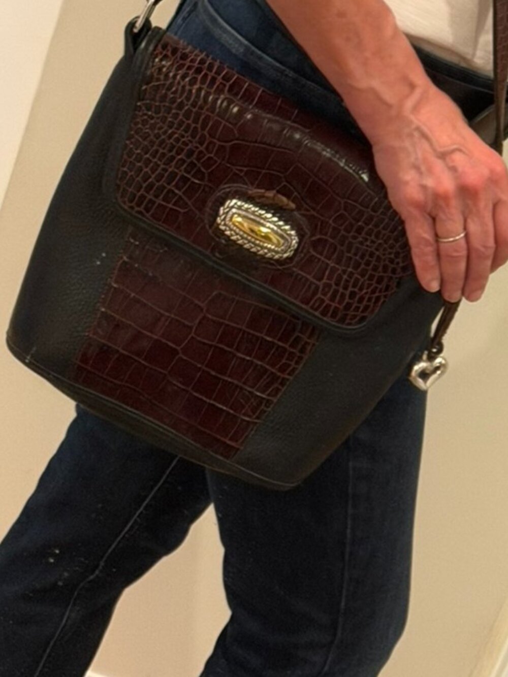 Brighton A080080 Leather Crossbody Bag – Brown Croc & Black Grain – Heart Charm - Picture 2 of 8